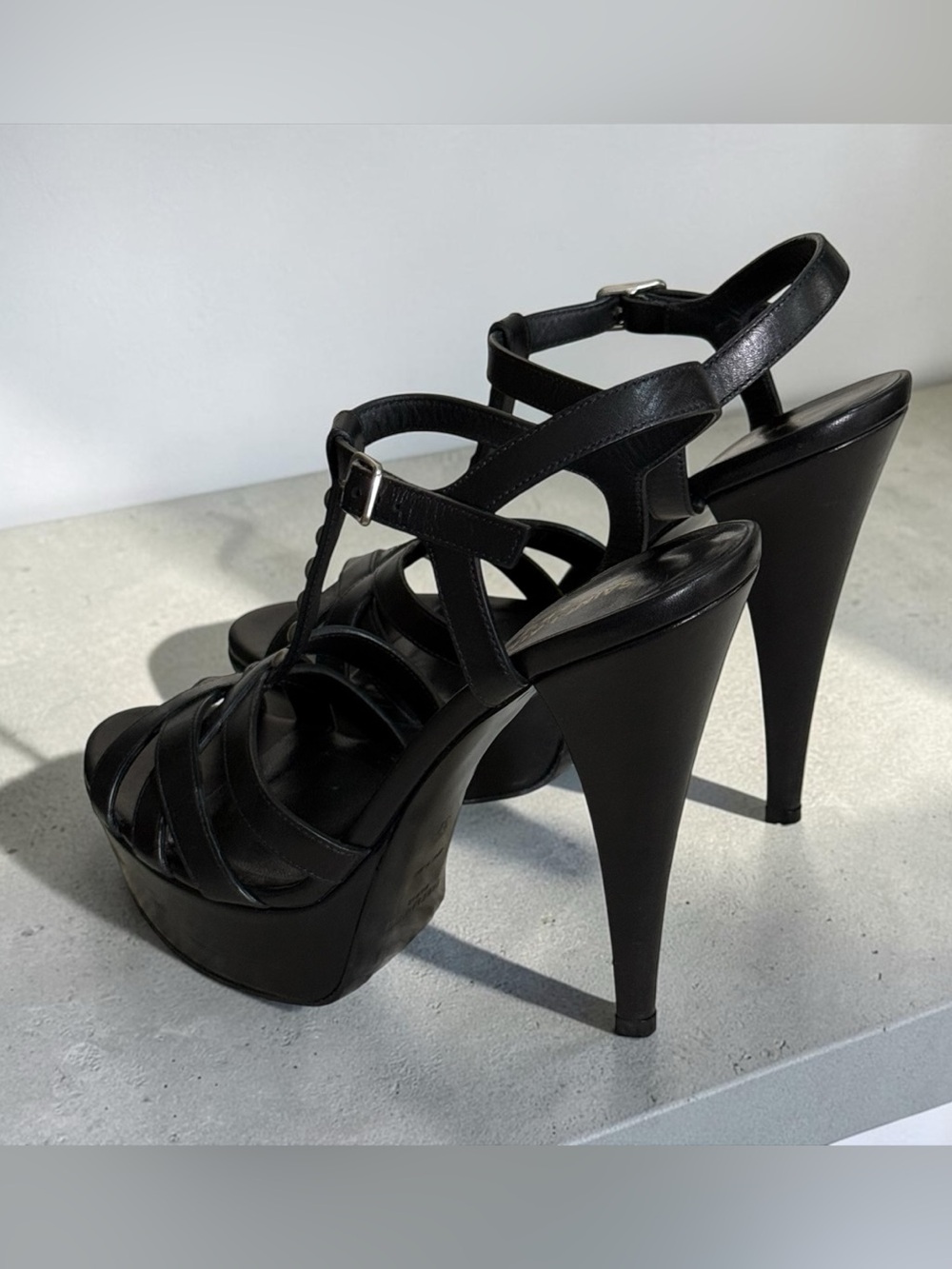 Saint Laurent Black Leather Platform T-Strap Studded Sandals Stiletto Heels! 37 - Picture 5 of 16